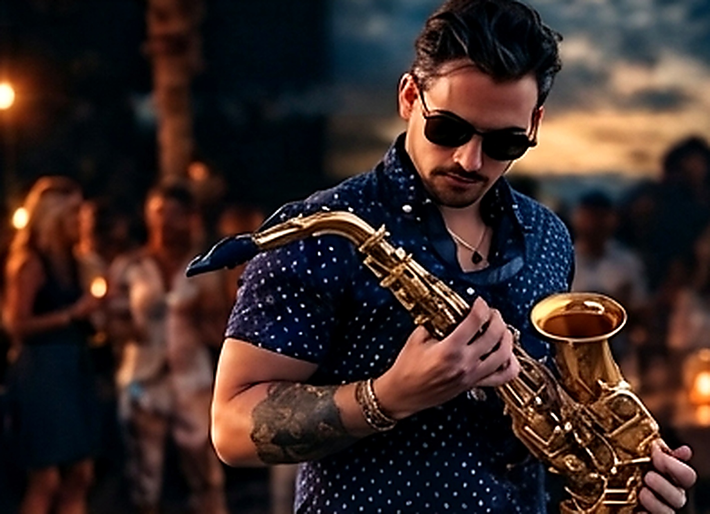 Rodrigo Belga playing saxophone at a beach club event