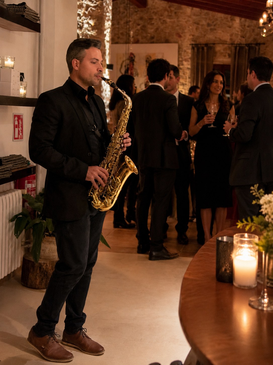 Rodrigo Belga · candlelit private event, stone interior, guests mingling