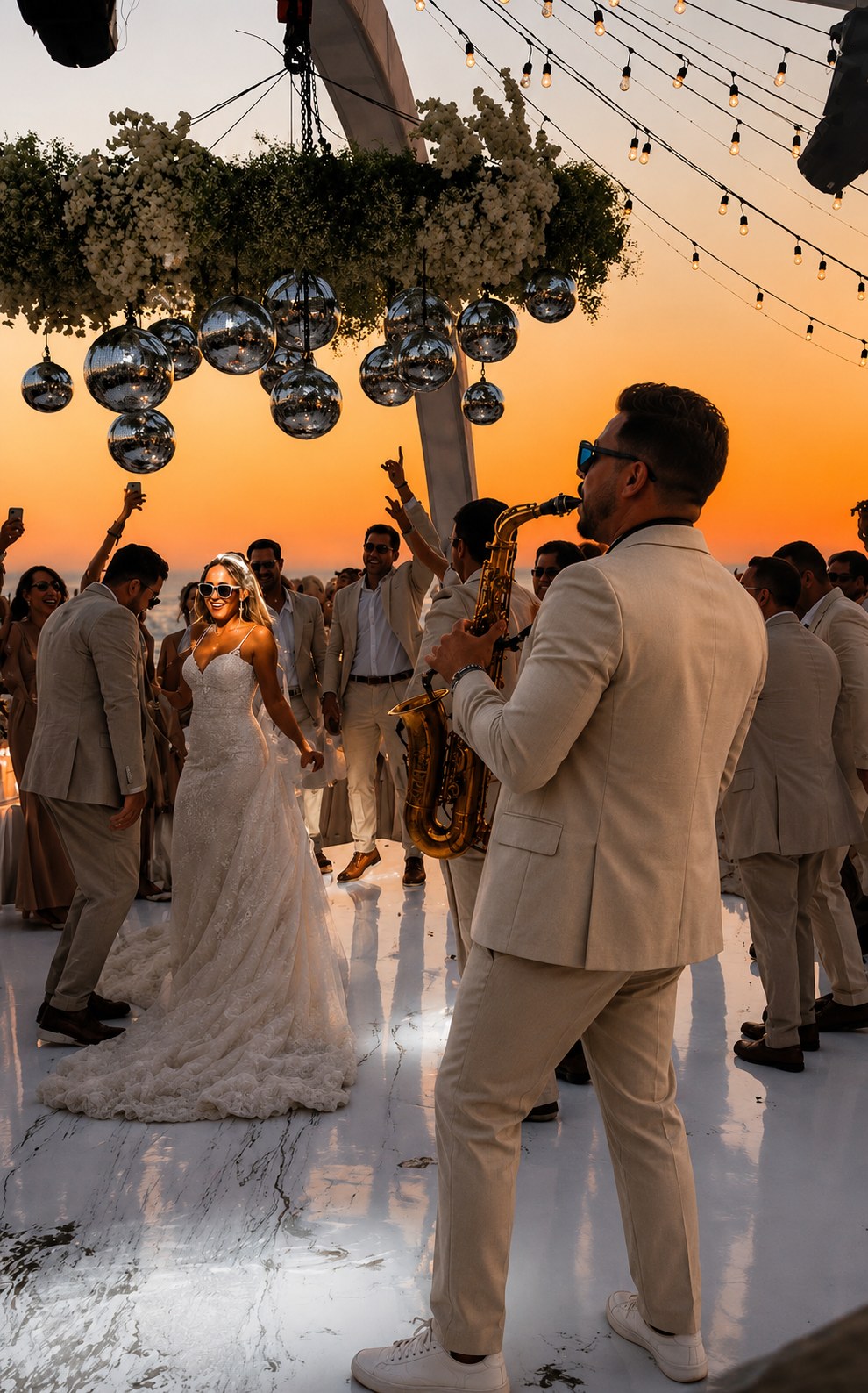Rodrigo Belga · sunset wedding dance floor with bride, golden hour