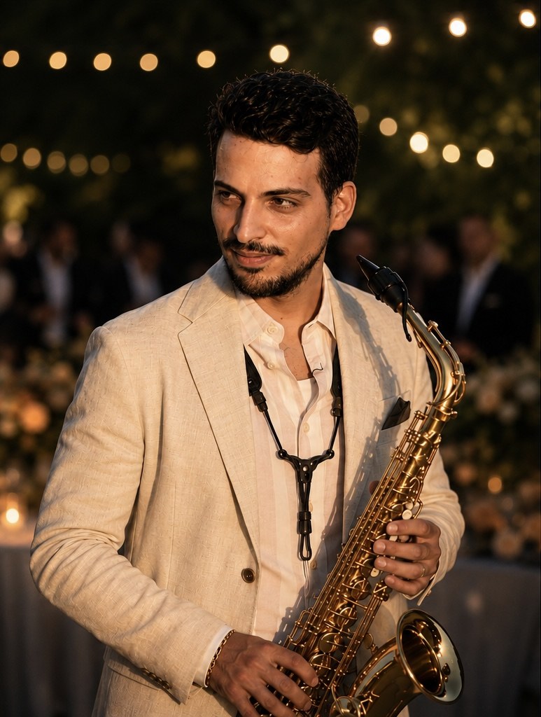 Rodrigo Belga in a cream suit playing saxophone at an evening wedding, string lights in the background